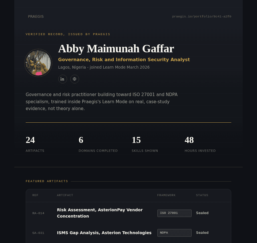 A preview of a real, sealed e-Portfolio